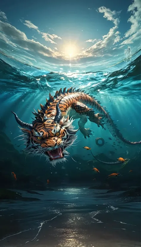 水中有一种Fantasy Creatures(best quality，4K，8k，High level，masterpiece：1.2），Ultra Detailed，（lifelike，Photo real，Photo real：1.37），Highly detailed animals，Complex patterns，Realistic lighting，Fantasy Creatures