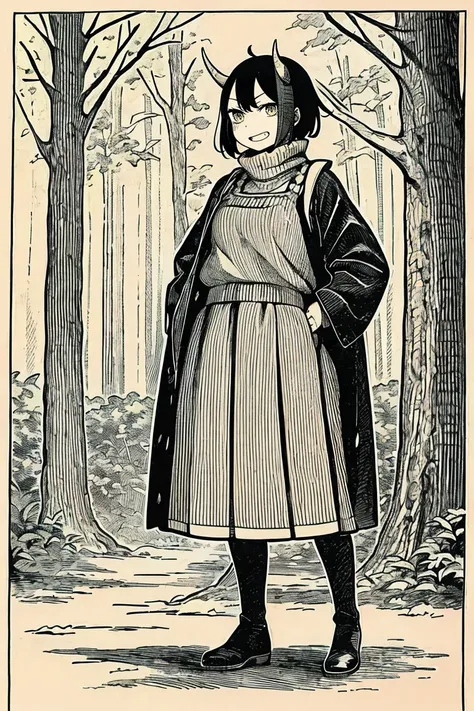 the prompt for generating an artistic image is as follows: "young girl with short black hair, wearing a vest and pullover, with ...