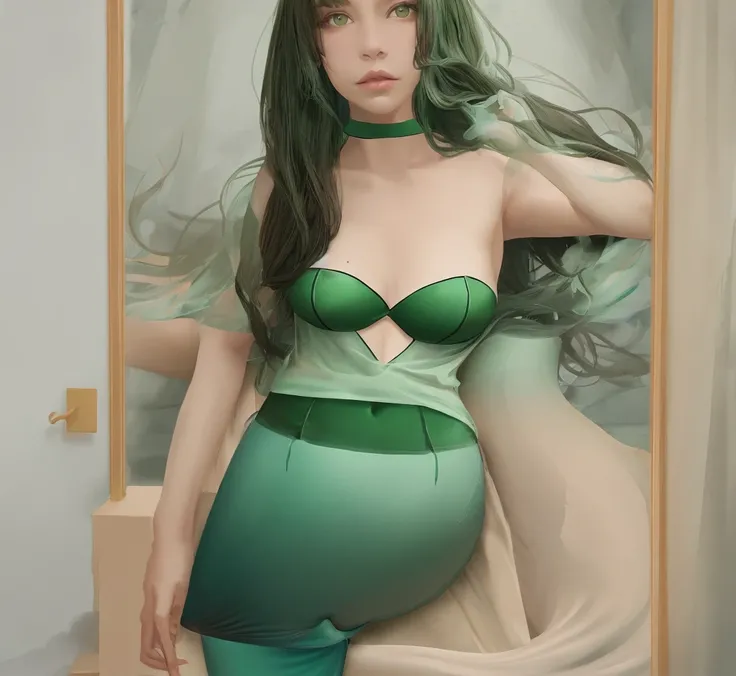 Mermaid real with brown black hair and green mermaid fin