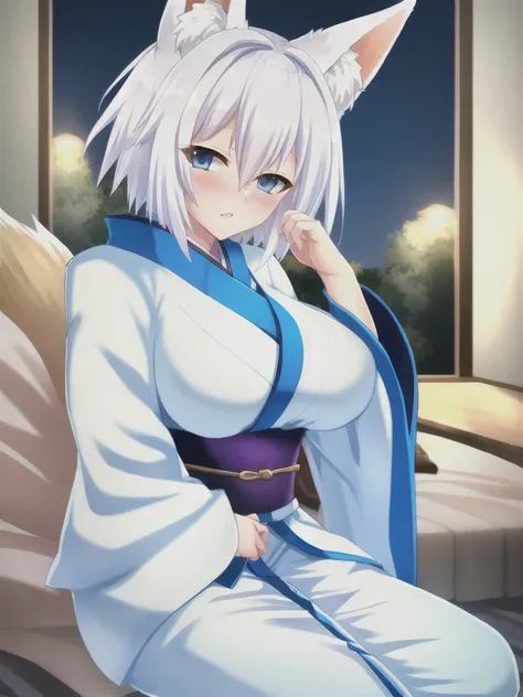 Fox ear, fox tail, white hair, short hair, blue eyes, blush, large breasts, kimono, white kimono, night, looking at viewer, bedroom,