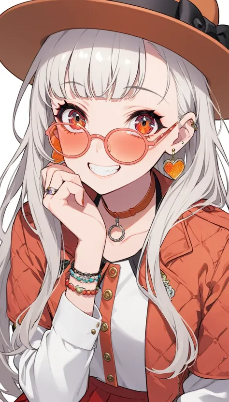 One girl, alone, Long Hair, View your viewers, smile, bangs, 青色のJacket, Red pastel skirt、Red eyes,White hair in the eye、Beautiful eyes that shine、Boater hat、jewelry, Sitting, Jacket, Upper Body, Silver Hair、 earrings, Glasses, teeth, Grin, open Jacket, Ear...