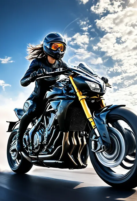 photorealistic of 1girl(stunning goddess beauty in perfect curved body(anatomy accurately:1.0))riding hyper speed motorcycle in ...