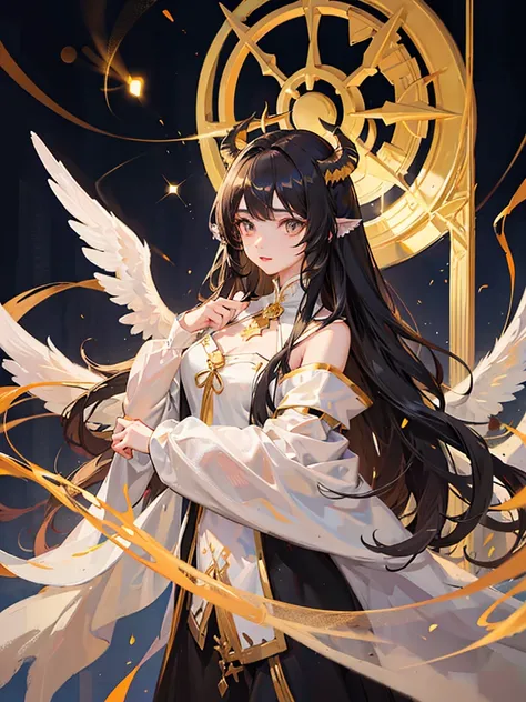 Young beautiful girl angel,golden shining eyes, long black wavy hair, white simple clothes, cute wings, White Horns, innocence 