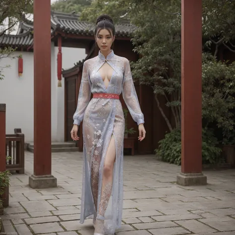 a tall top model wearing new chinese style sexy haute couture high fashion foggy suzhou classic garden delicate skin texture