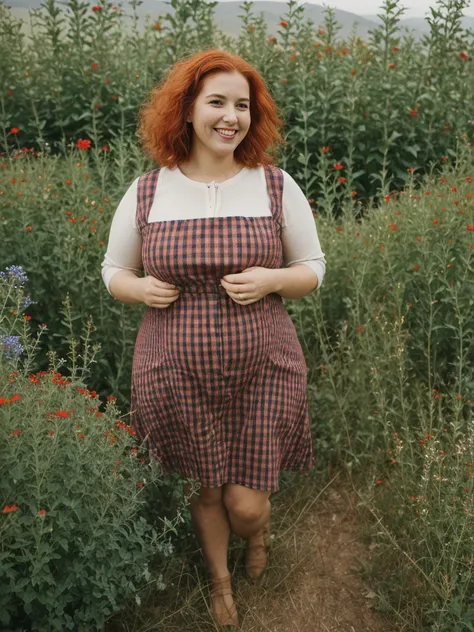 Xyrele, 1girl, solo, 30 years old, (((French face))), (((French nose))), (((French lips))), ((((chubby)))), (((wide hips))), (((red hair))), crinkly short hair, wearing checkered black designed modern dress wear, ((Background: Picking wildflowers)), ((uppe...