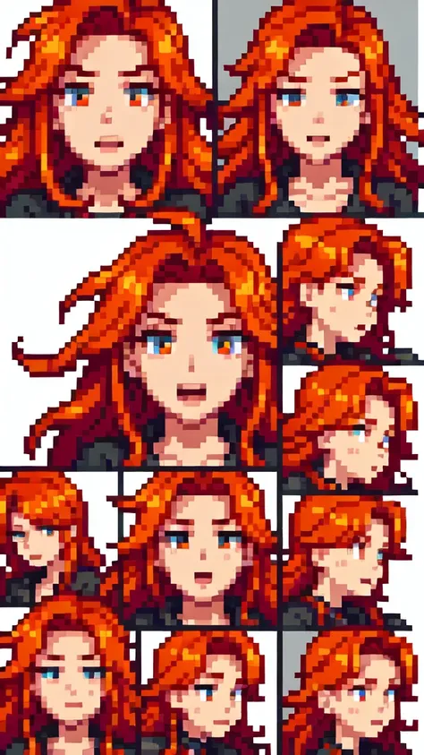 a close up of a person with red hair and many different expressions, long ginger hair windy, windy hair, expressions, detailed f...