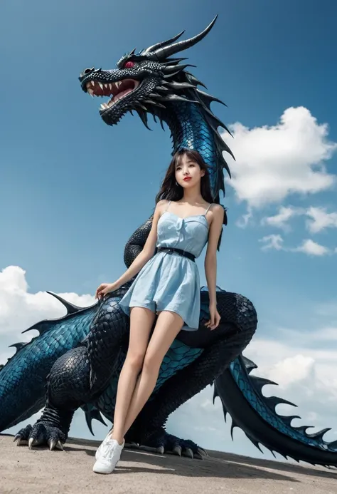  Full body, Beautifull women and black dragon blue sky..