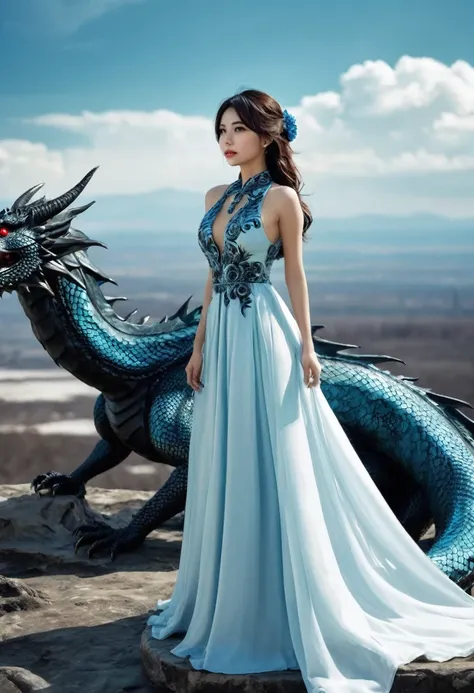  Full body, Beautifull women and black dragon blue sky..