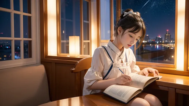 First-class quality，8K resolution，masterpiece，Fresh，Animated CG，Chinese little girl bows her head to read a book，Sitting at the table，Fashion suspender top，Fair skin，Bright colors，Summer Night，The background is a window，Night view outside the window