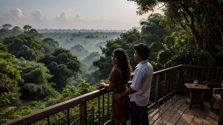 Arjun and Meera standing at the edge of the jungle, looking out.