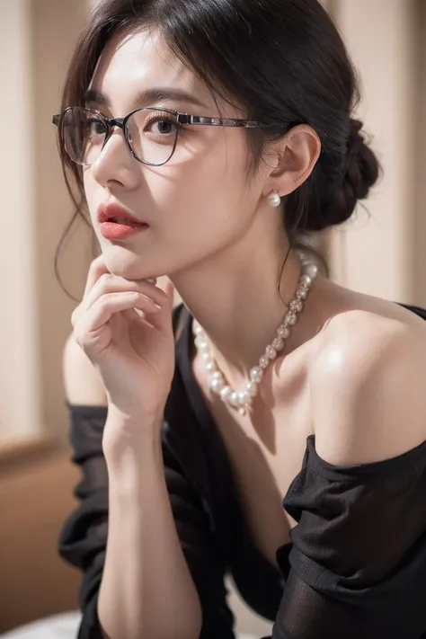 beautiful woman looking down at her phone, closeup side profile of womans face, woman in black dress with off-the-shoulder sleeves, pearl earrings and necklace, wearing glasses, intense and longing gaze, high-quality realistic portrait photograph, natural ...