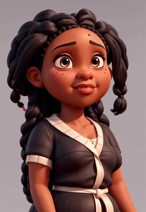 Create a chubby black woman, realistic 3D, long hair with very thin braids and tied to the scalp, black eyes and a mole on the forehead, rendered with exquisite detail