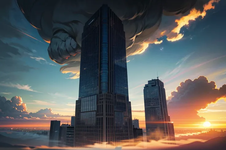 A gigantic cat appears on a skyscraper at night、aerial photograph、Detailed digital art、Very detailed、8k、Hyperrealistic、Photorealistic、masterpiece、Dramatic lighting、Moody、Cinematic、Epic Scale、A looming presence、striking silhouette、dramatic cloud、Atmospheric...