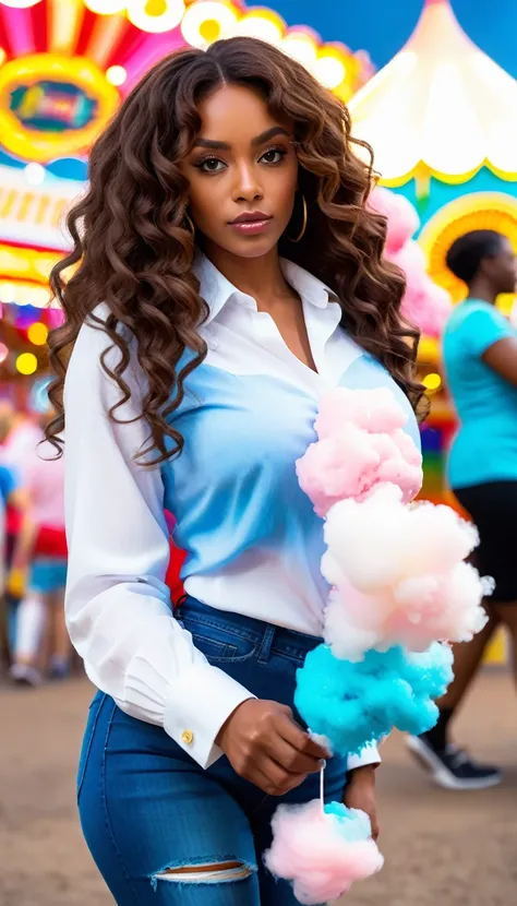 (best quality,4k,highres, highres face details), Bina, African American 30-year-old, with long brown curly hair, wearing a white buttoned-up shirt, Instagram model, walking at the state fair eating cotton candy