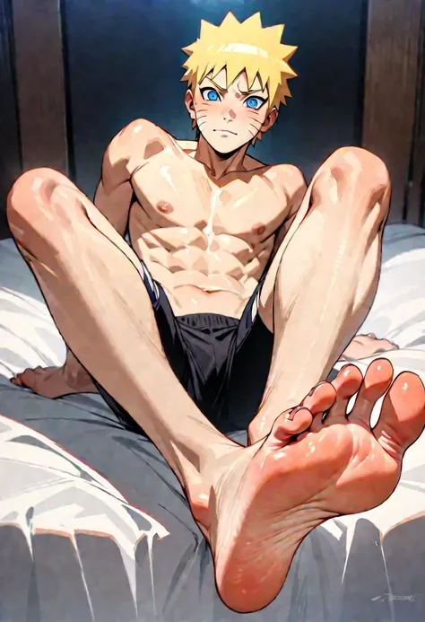 masterpiece, Highest quality, so beautiful, Absurd,Anatomically correct body,One boy, Male Focus, Uzumaki Naruto,naruto,View your viewers,Half naked,Black shorts,Show the soles of your feet, Perfect legs, Five-toed feet, Feet Focus, Two legs, 2 feet