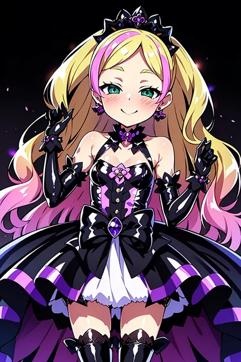 cure flora, 1 girl, blonde, black hair ornament, (gothic lolita:1.3), black long skirt, black tiara, wrist cuff, black gloves, (...