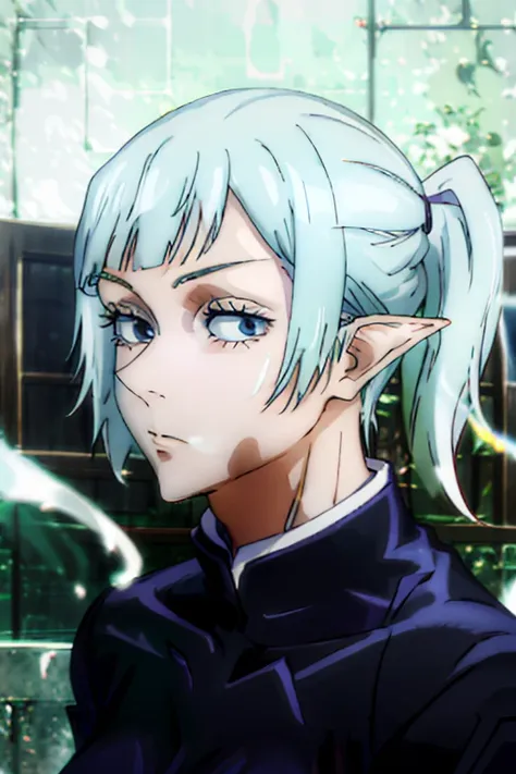 elf abina, he would be, short platinum hair, lilac eyes, facial