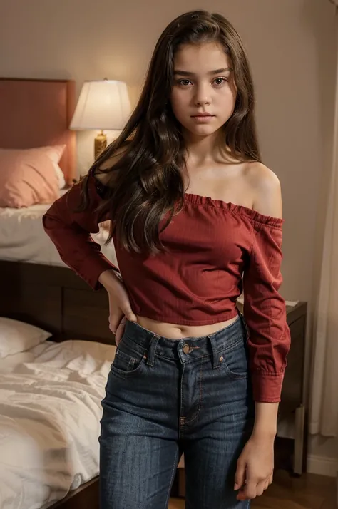 (((young girl))) ((12-year-old girl)) wearing a red off-the-shoulder blouse, and black jeans standing in a bedroom