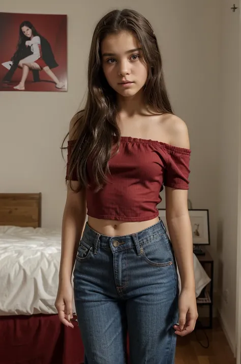 (((young girl))) ((12-year-old girl)) wearing a red off-the-shoulder blouse, and black jeans standing in a bedroom