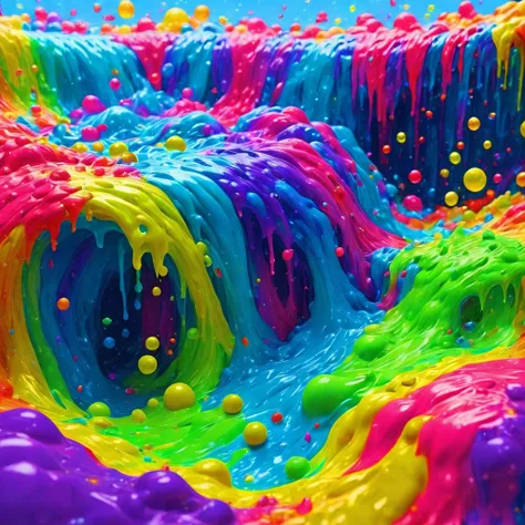 (​masterpiece, best quality:1.2), river, slime, rainbow, colorful slime, colorful bubbles