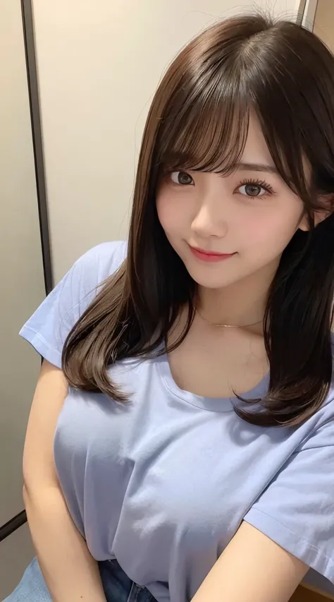 Medium Hair,short bangs,downblouse、(leaning-forward、 show off nipple:1.3)、(oversize tshirt、Loose-fitting t-shirt、Low Cut T-Shirt:1.2)、(top-quality、8K、32K、​masterpiece)、japanes、28 year old、Very pretty girl、a beauty girl、crouching down、Bright smile、shinny sk...