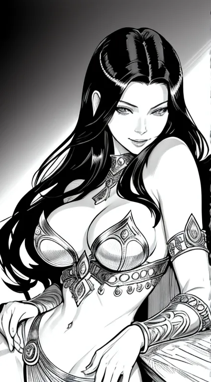 masterpiece, Catherine Zeta Jones as Dejah Thoris，female general, alone, Bust Close-up, (White background:1), monochrome, draw line, (illustration), black hair detailed, (NSFW:1), big breasts, detailed eyes, (smiling:1), happy, (naked:1)