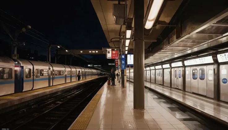 arafed train pulling into a station with a platform, subway station, train station background, station, train station, mrt, 4 0 9 6, at night time, platform, underground facility, at nighttime, monorail station, underground metro, in a subway, underground ...