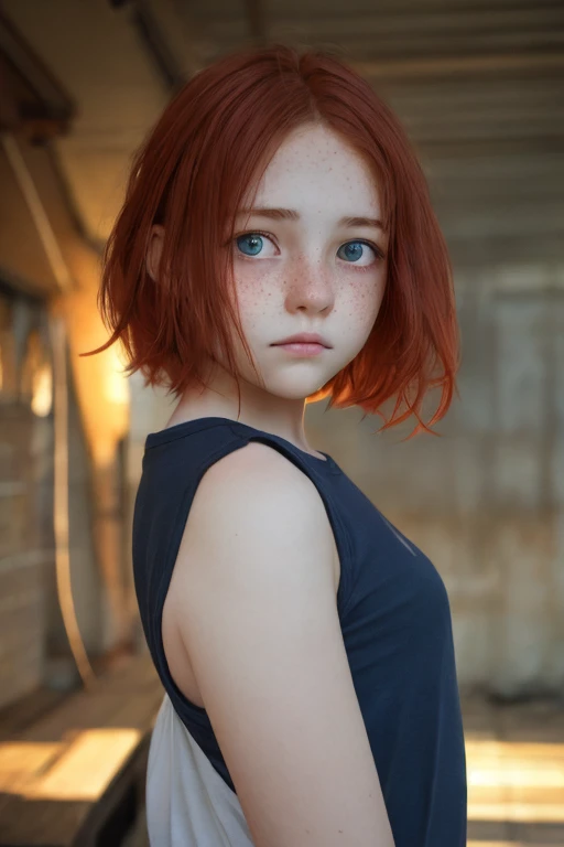 (dynamic angle:1.1),on open air, red hair, photo of a thin 14-year-old girl, freckles, sad, soft, masterpiece, volumetric light,...