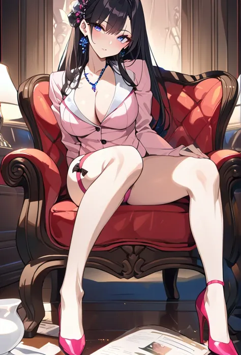 fancy pink underwear　soapland　captivating look　sexy body　clear eyes　slightly round eyes　sit in a luxurious chair　office lady　jap...