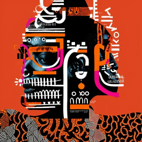 folks, colorful, erykah badu, solo, simple background, black hair, english text, pink orange background, abstract, crown