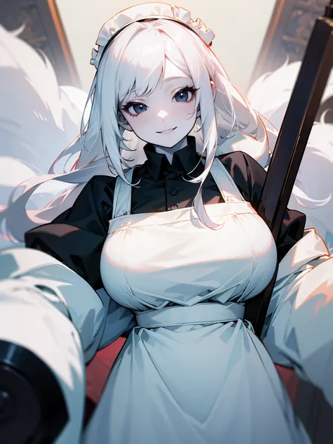 1female, pale white skin, white fluffy hair, black eyes, fat, apron, smile