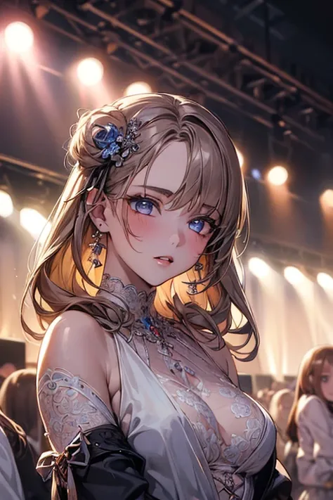 (masterpiece:1.2), (best quality:1.2), (extremely detailed:1.2), (extremely detailed face), (photorealistic:1.2), (ultra detailed), ((3girls:1.6)), delicate eyes and face, detailed eyes, (Clothing:1.0), breasts, (concert, crowd:1.3) 