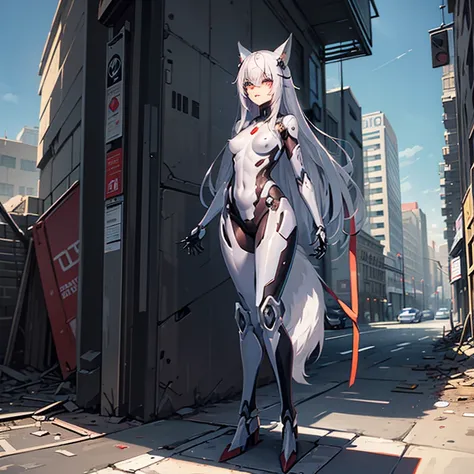 (Fox Girl, Fox Ears, Silver Hair, Fox Makeup, One Girl, Long Hair, Alone on the screen, dark skin:1.6), (mecha musume, Machinery Parts,Robot Joints, White and red clothes, Full body mechanical suit:1.8), (Body measurements are 75-60-75!, Young girl body, S...