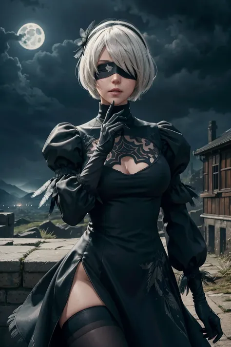 2b nier automata,bobcut, gray hair,long sleeve, juliet sleeve, white gloves, turtleneck, bangs, feather ornament, feather orname...