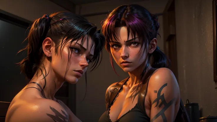 revy from black lagoon, nude, neon lights, the artwork is rendered in an edgy and realistic style, with high attention to detail...