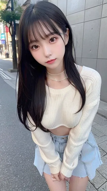 ((The photo shows her from the knees up.))、(((Small breasts)))、blush,Long white hair、standing、 open your legs、,(Cropped knit sweater),choker,loafers、、Belly button、Hips、Street,(8k, RAW Photos, Highest quality, The pieces fly:1.2), (reality, Realistic:1.4), ...