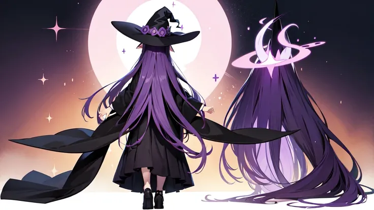 Anime girl with long purple hair and black robe. Witch hat. Pointy ears. Cute as a cartoon. Back view. Full body facing backwards. The whole body is visible.