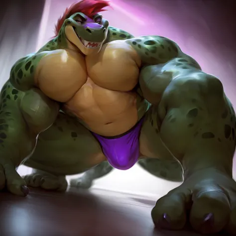 Montgomery Gator, Male, Solo, Muscular, Muscle: 3, Pectoral Muscle: 2, Big Pecs, Abs, Claws, Correct anatomy, Front View, Private Room Background, Bulge, Grinning at Viewer, Grinning at Viewer, Tail, Speedo, Crawling on Floor, Hands on Floor, All on four, ...