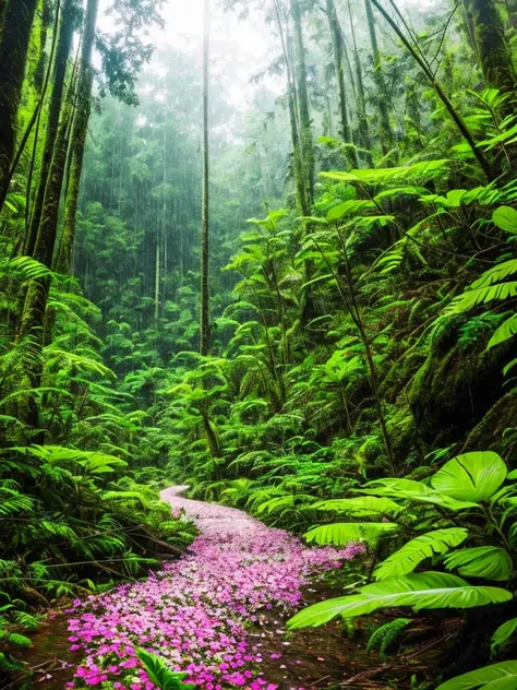 Flowers blooming in the middle of the forest, rainforest, rain