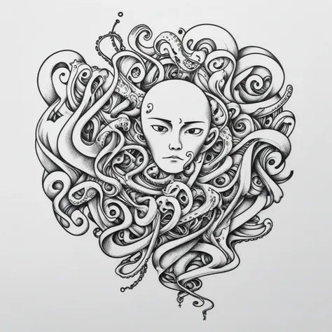 human with octopus head logo, tattoo, line art tanaka ikko, fl4tstyle3, modernist.