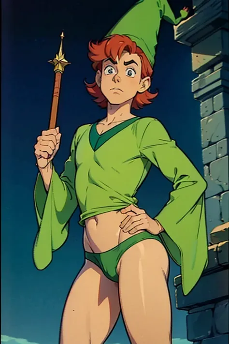 a redhead cartoon character, ((He wears a green underwear and a wizard hat)), a young male wizard, 1980s cartoon, animated episode still, Presto (((mad)))