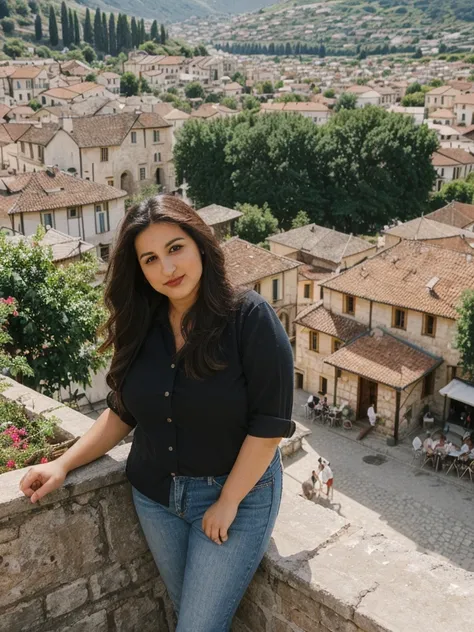 Caseyli, 1girl, solo, 30 years old, (((Georgian face))), (((Georgian nose))), (((Georgian lips))), ((((chubby)))), (((wide hips))), (((dark blonde hair))), wavy medium hair, wearing stylish Generation Z wear, ((Background: overlooking a café in a village s...