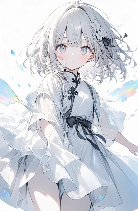 (masterpiece:1.2),(anime),、girl、cute，Silver Hair，Light blue shining eyes，sweets dream, A colorful world, cute, like, Highest quality, masterpiece，【Highest quality, Tabletop】 (Gray white background:1.7), Han Fei，Grey Hair，White flower hair ornament，White ri...