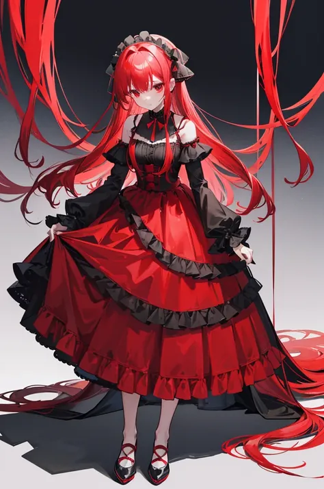 red hair, long straight hair, red eyes, red ruffle dress, black trim on dress, black gloves and shoes, big black ribbon above head, wavy hair
