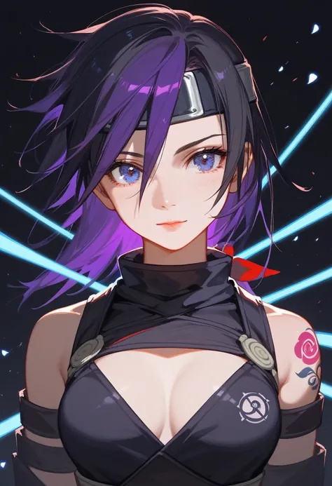 (Fraction_9,Fraction_8_Direction_7_up),1 a woman,（（（bust）））,(masterpiece:1.2), best quality, high resolution,日本Female Ninja，Ninjutsu，dart，Ninja with a perfect body,Female Ninja，Hattori Hanzo，Beautiful and neat face,  Dark Brown，Black hair purple hair dye, ...