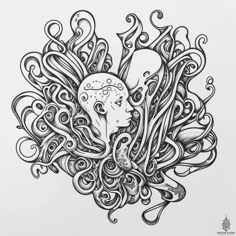 human body with octopus head, logo, tattoo, line art tanaka ikko, fl4tstyle3, logo, lineart pstyl3, modernist,