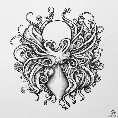 Human body with octopus head, logo, tattoo, line art Tanaka Ikko, fl4tstyle3, logo, lineart PStyl3, modernist,