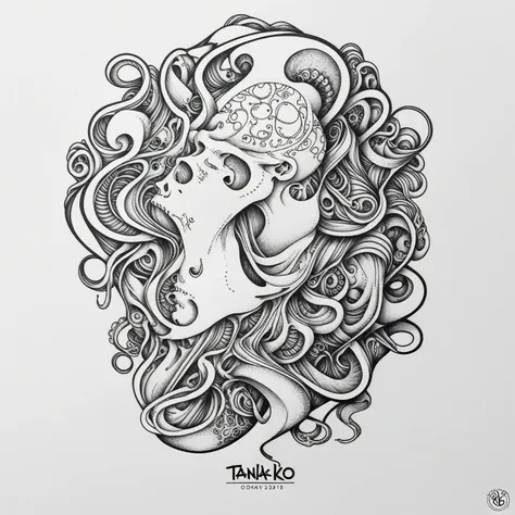 Human body with octopus head, logo, tattoo, line art Tanaka Ikko, fl4tstyle3, logo, lineart PStyl3, modernist,