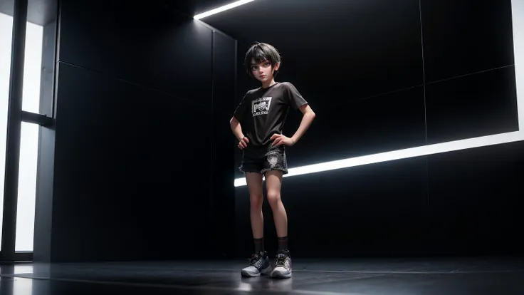 gaming man, in a T-Shirt and Shorts Set ,  black  hairs hairs black jeans dress, gaming , smiling face, short dress full straight standing pose,14yo student, , Full body, boy, man , games boy, Simple white background,, HD, full body, standing, modern futur...