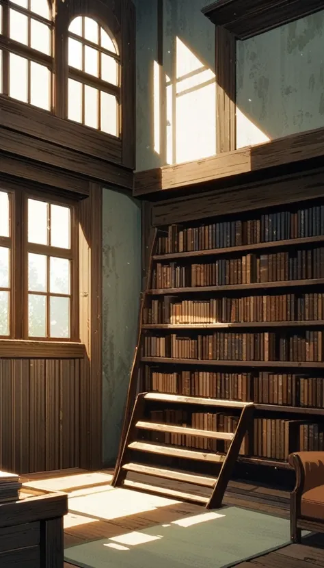 A quiet library corner with tall bookshelves, a wooden ladder and soft armchairs. In the background is a large window letting in natural light. Ghibli anime style